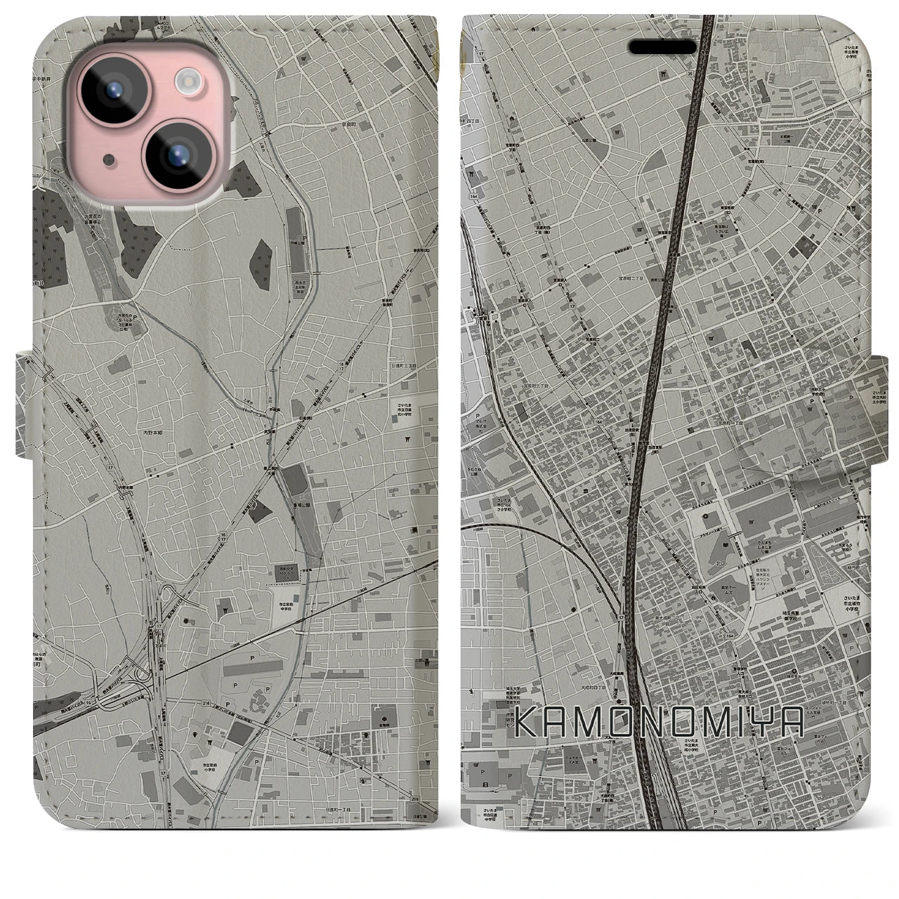 【加茂宮(埼玉県)】地図柄iPhoneケース(手帳タイプ)モノトーン・iPhone 15 Plus 用