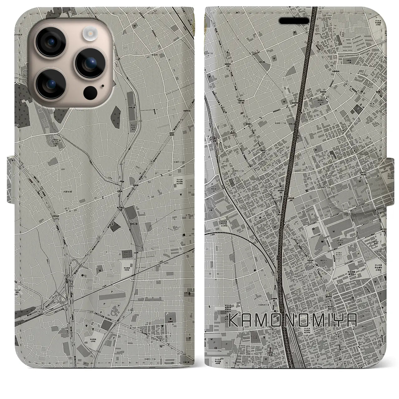 【加茂宮(埼玉県)】地図柄iPhoneケース(手帳タイプ)モノトーン・iPhone 16 Plus 用