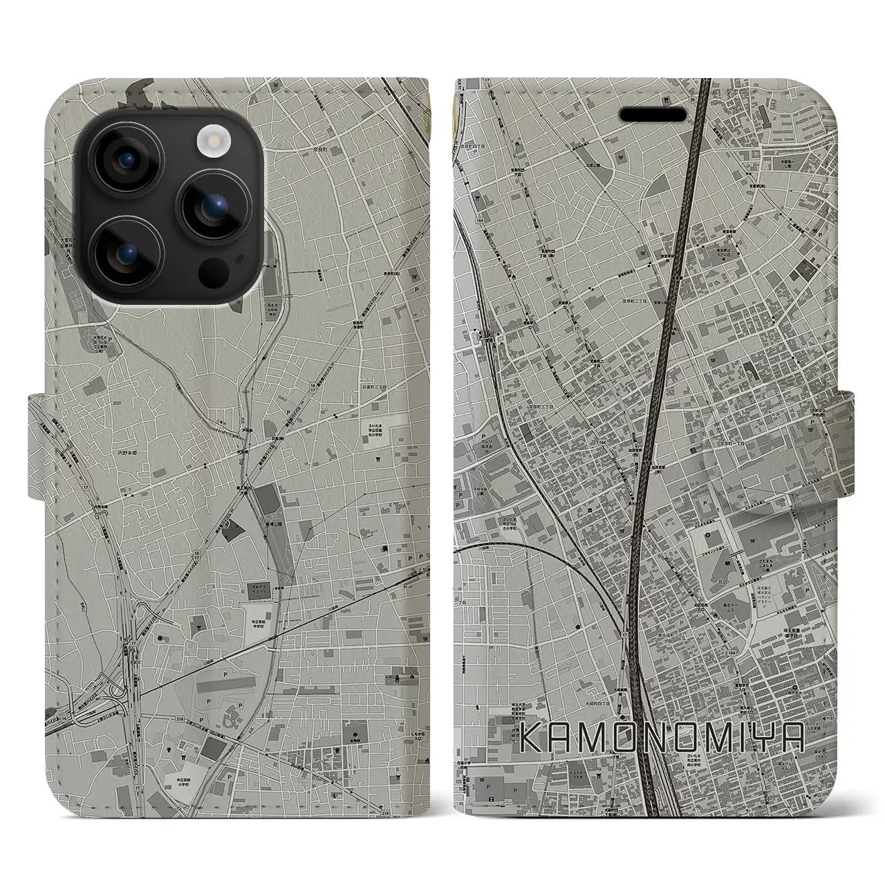 【加茂宮(埼玉県)】地図柄iPhoneケース(手帳タイプ)モノトーン・iPhone 16 用