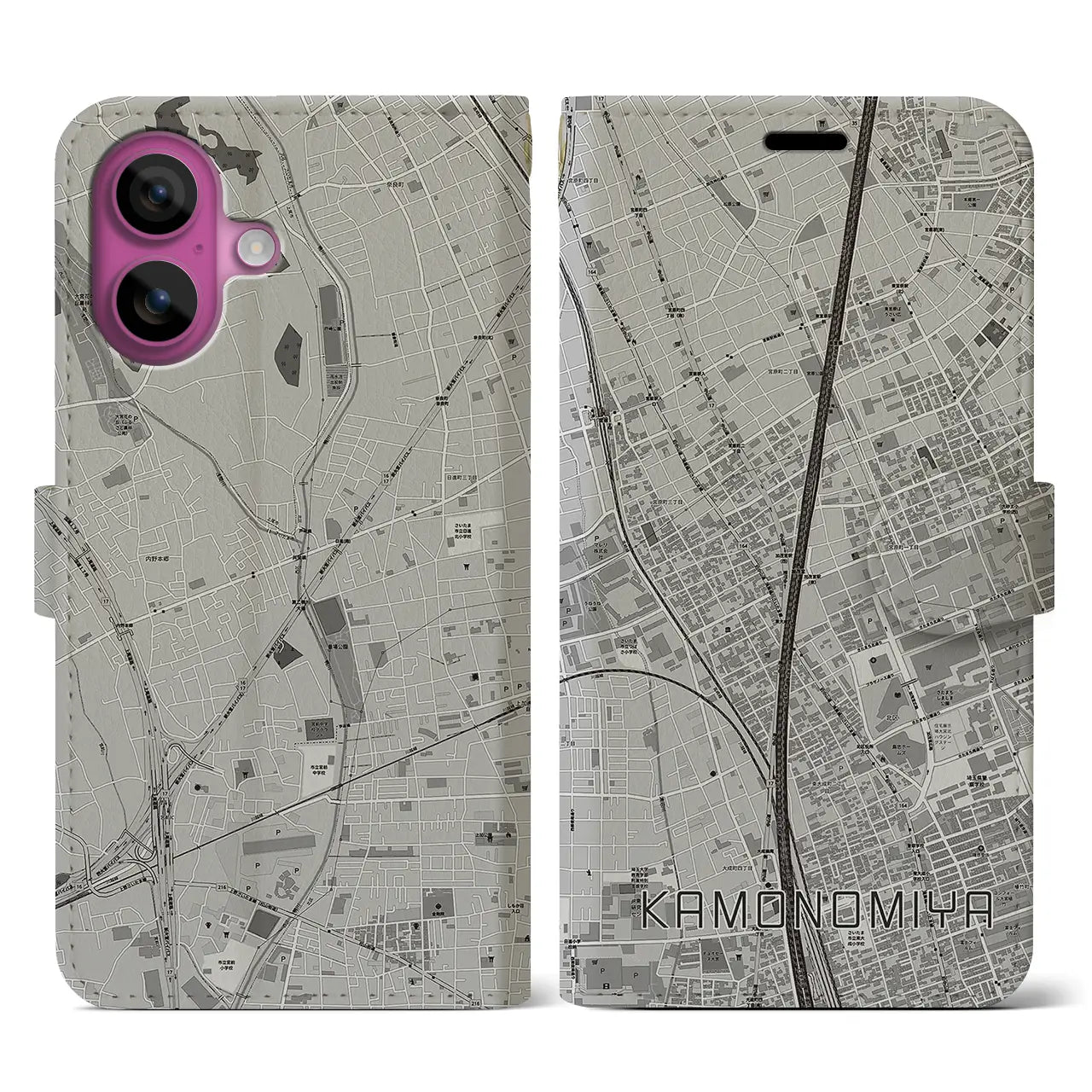 【加茂宮(埼玉県)】地図柄iPhoneケース(手帳タイプ)モノトーン・iPhone 16 Pro 用