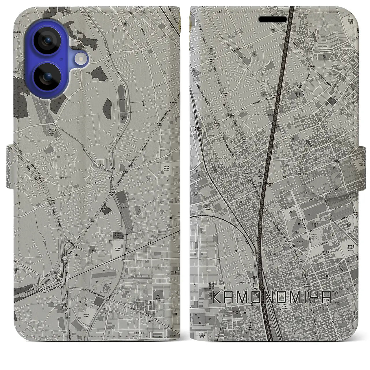 【加茂宮(埼玉県)】地図柄iPhoneケース(手帳タイプ)