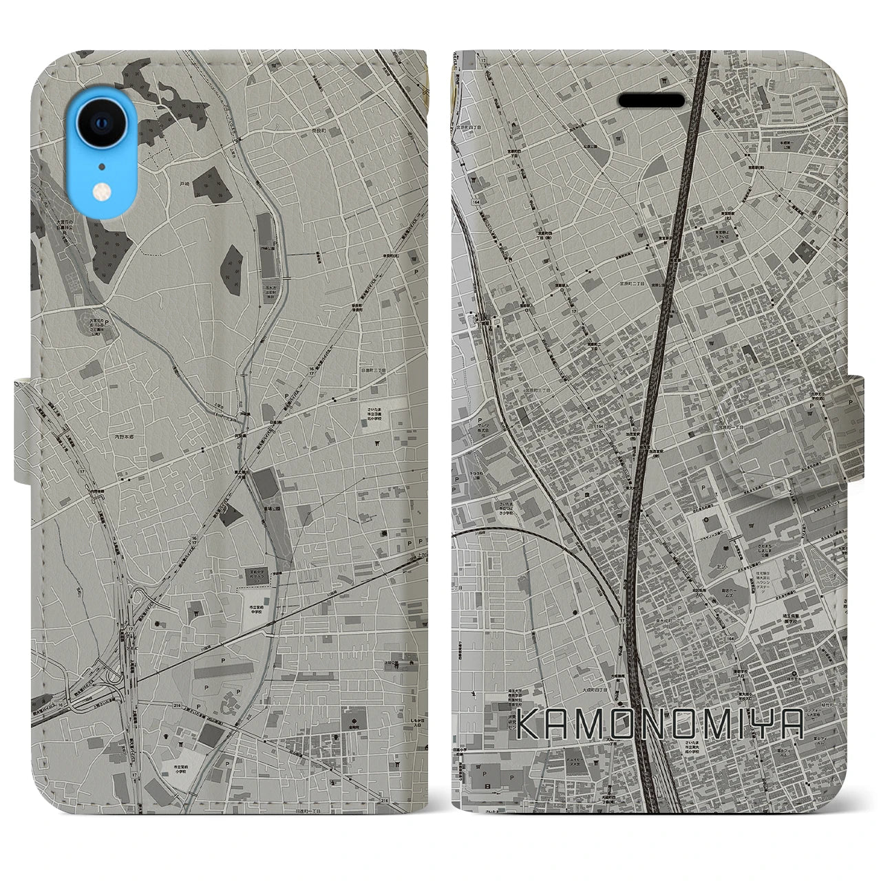 【加茂宮(埼玉県)】地図柄iPhoneケース(手帳タイプ)モノトーン・iPhone XR 用
