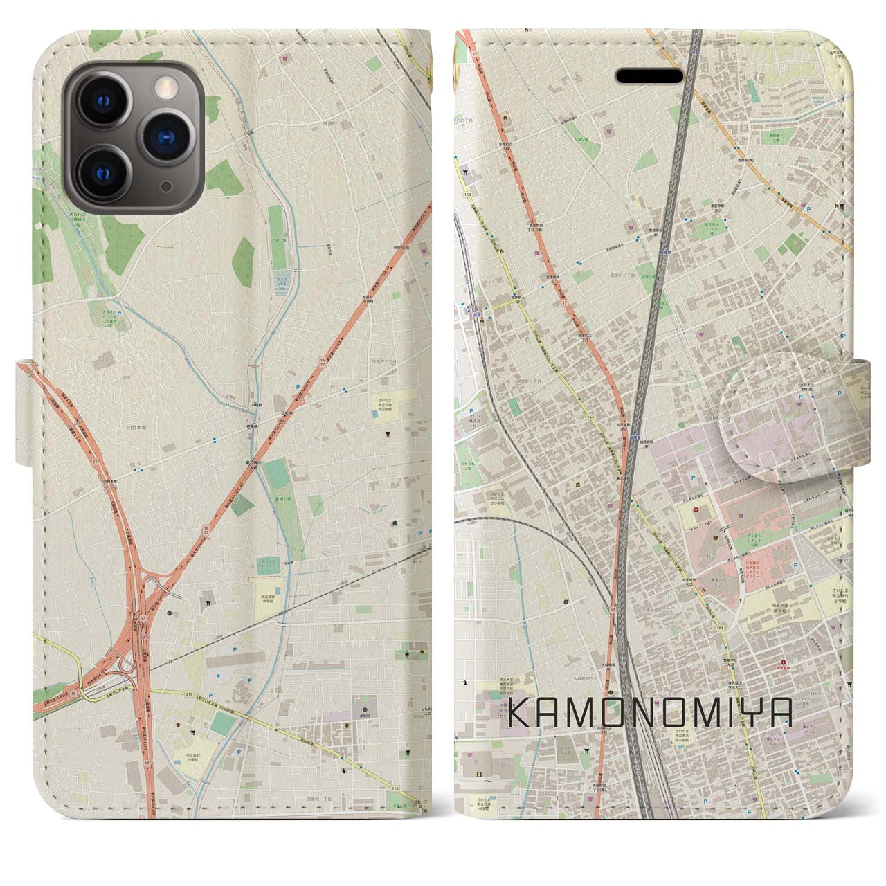 【加茂宮(埼玉県)】地図柄iPhoneケース(手帳タイプ)ナチュラル・iPhone 11 Pro Max 用
