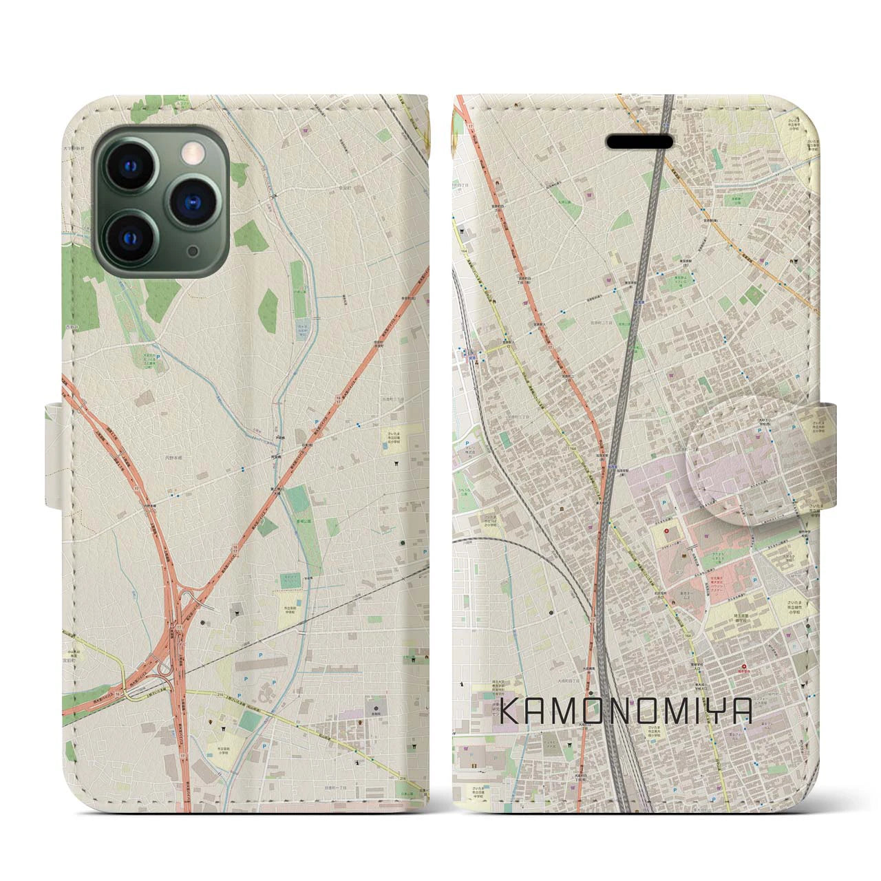 【加茂宮(埼玉県)】地図柄iPhoneケース(手帳タイプ)ナチュラル・iPhone 11 Pro 用