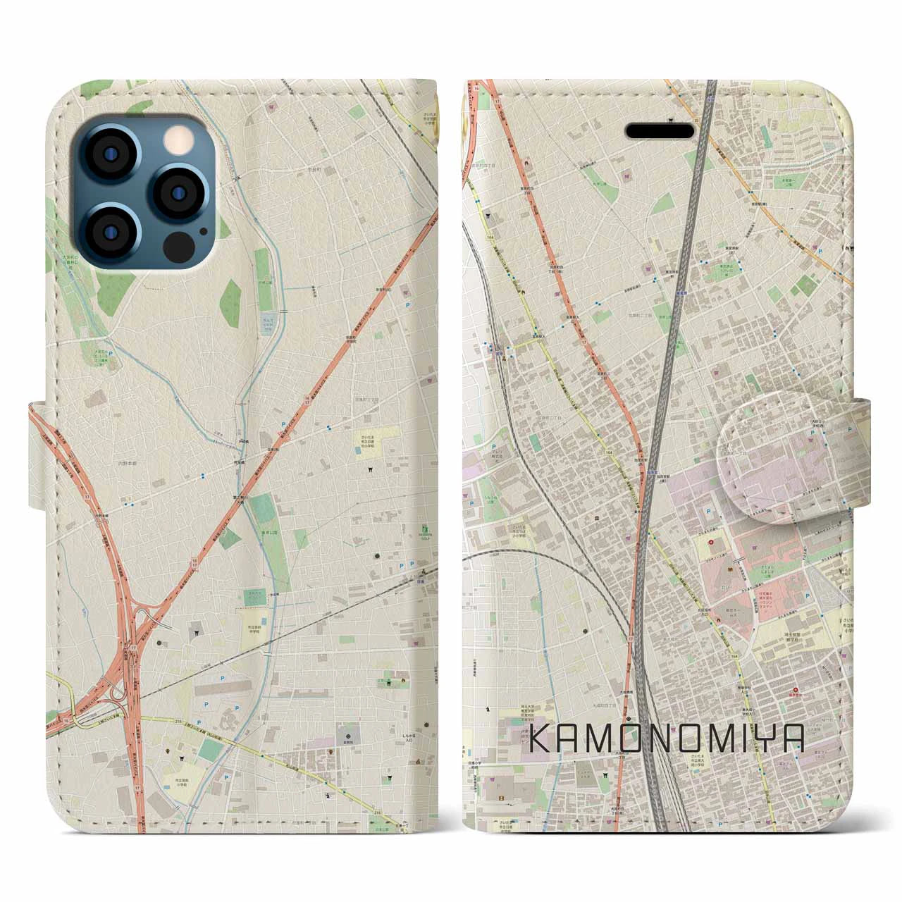 【加茂宮(埼玉県)】地図柄iPhoneケース(手帳タイプ)ナチュラル・iPhone 12 / 12 Pro 用