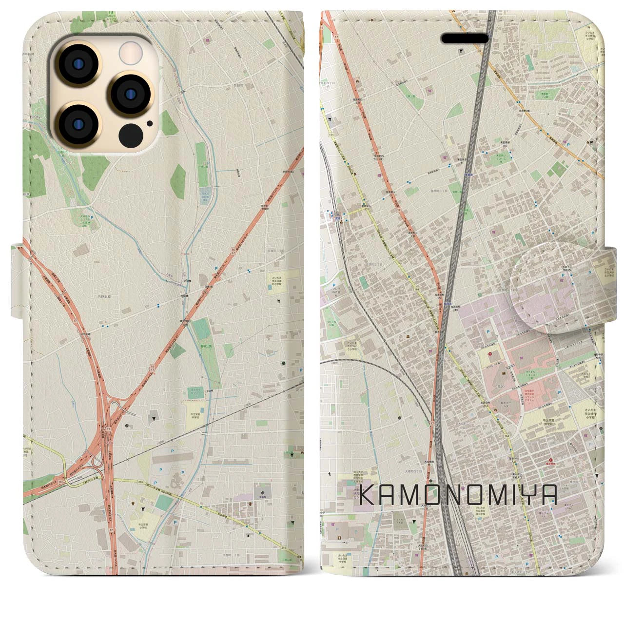 【加茂宮(埼玉県)】地図柄iPhoneケース(手帳タイプ)ナチュラル・iPhone 12 Pro Max 用