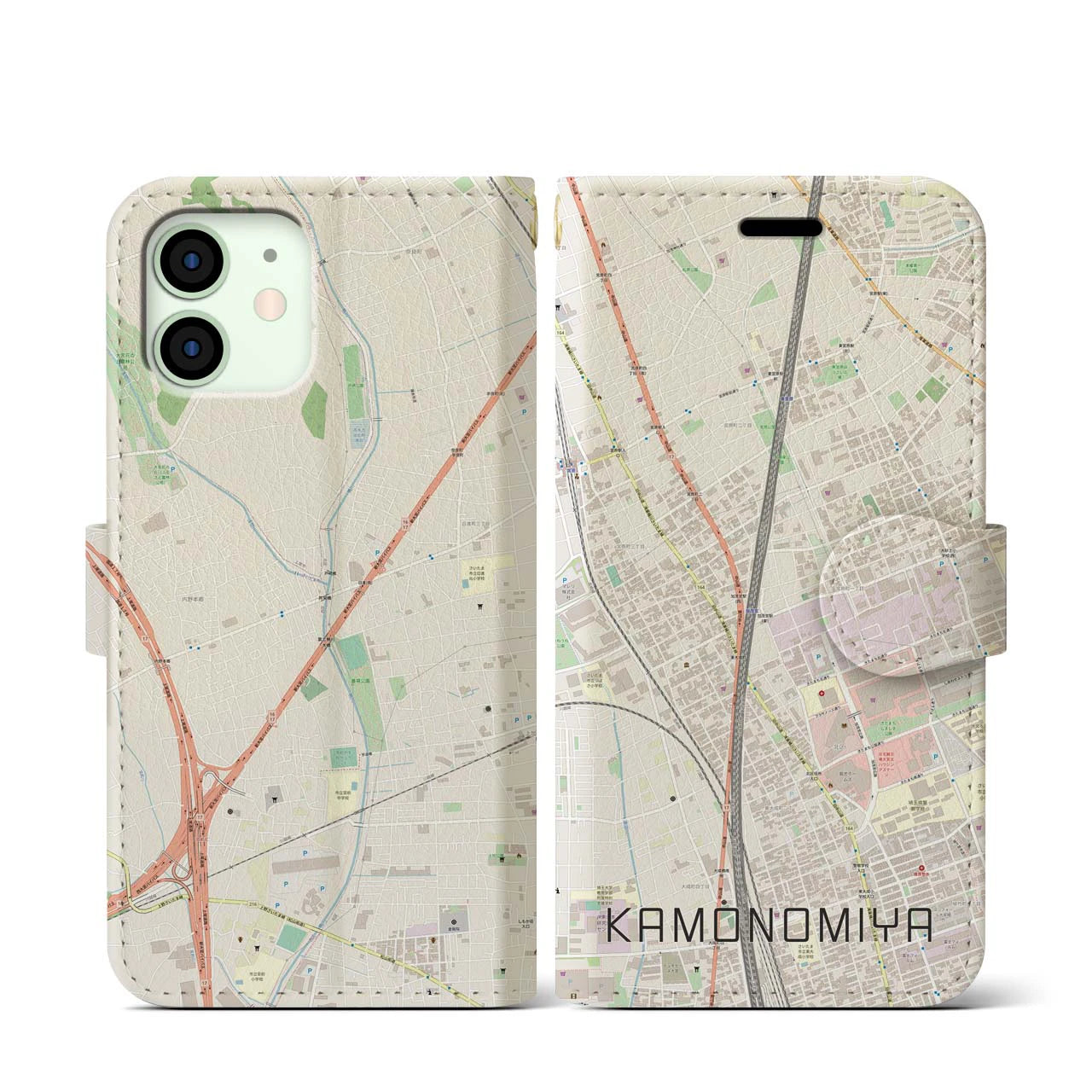 【加茂宮(埼玉県)】地図柄iPhoneケース(手帳タイプ)ナチュラル・iPhone 12 mini 用