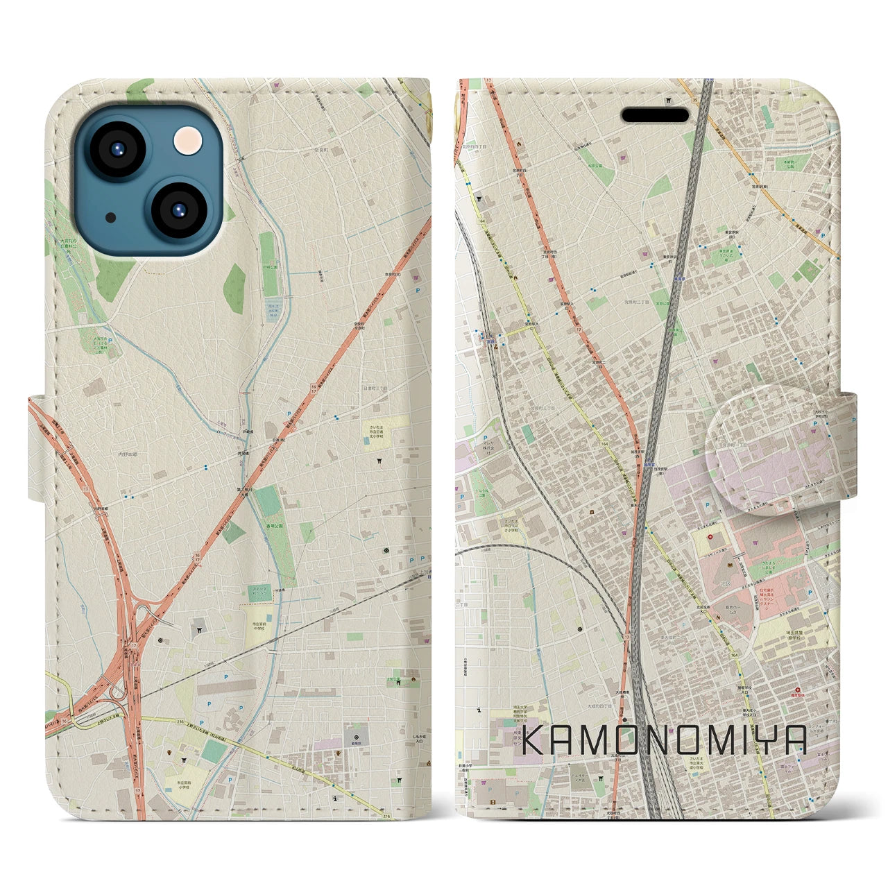 【加茂宮(埼玉県)】地図柄iPhoneケース(手帳タイプ)ナチュラル・iPhone 13 用