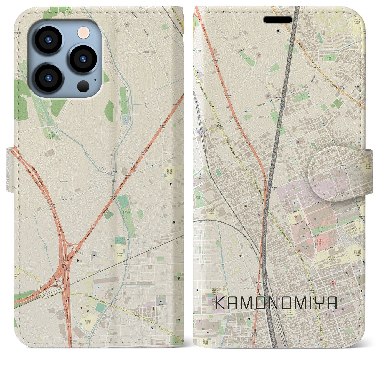 【加茂宮(埼玉県)】地図柄iPhoneケース(手帳タイプ)ナチュラル・iPhone 13 Pro Max 用