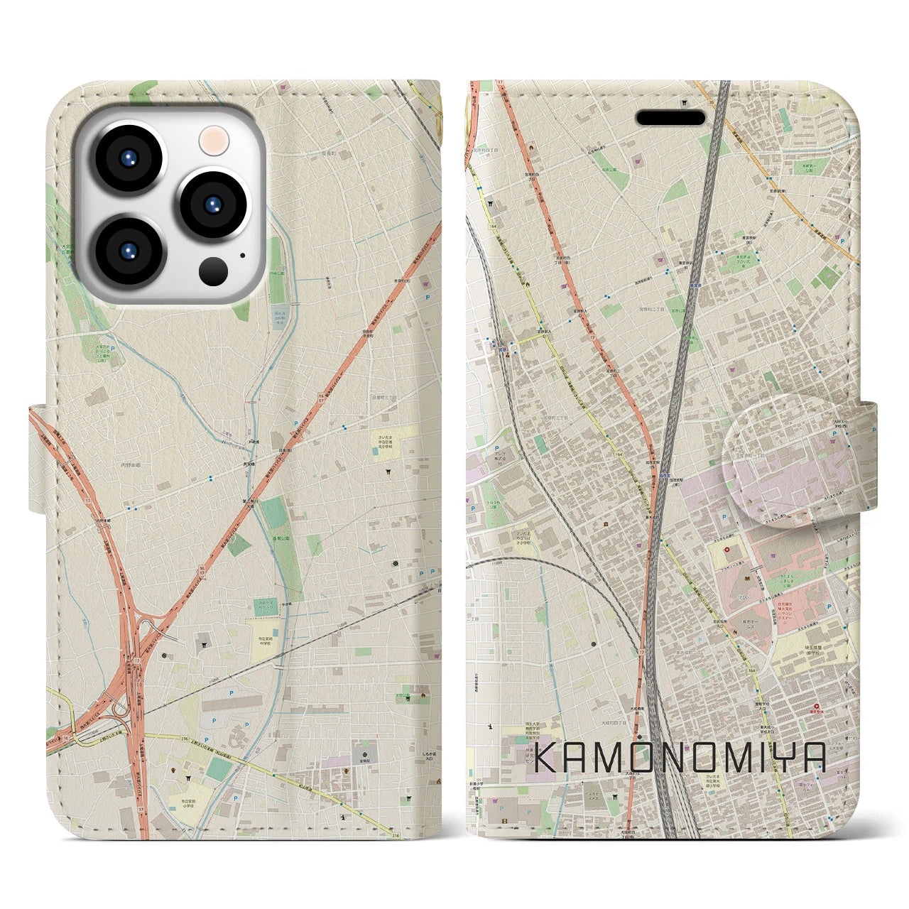 【加茂宮(埼玉県)】地図柄iPhoneケース(手帳タイプ)ナチュラル・iPhone 13 Pro 用
