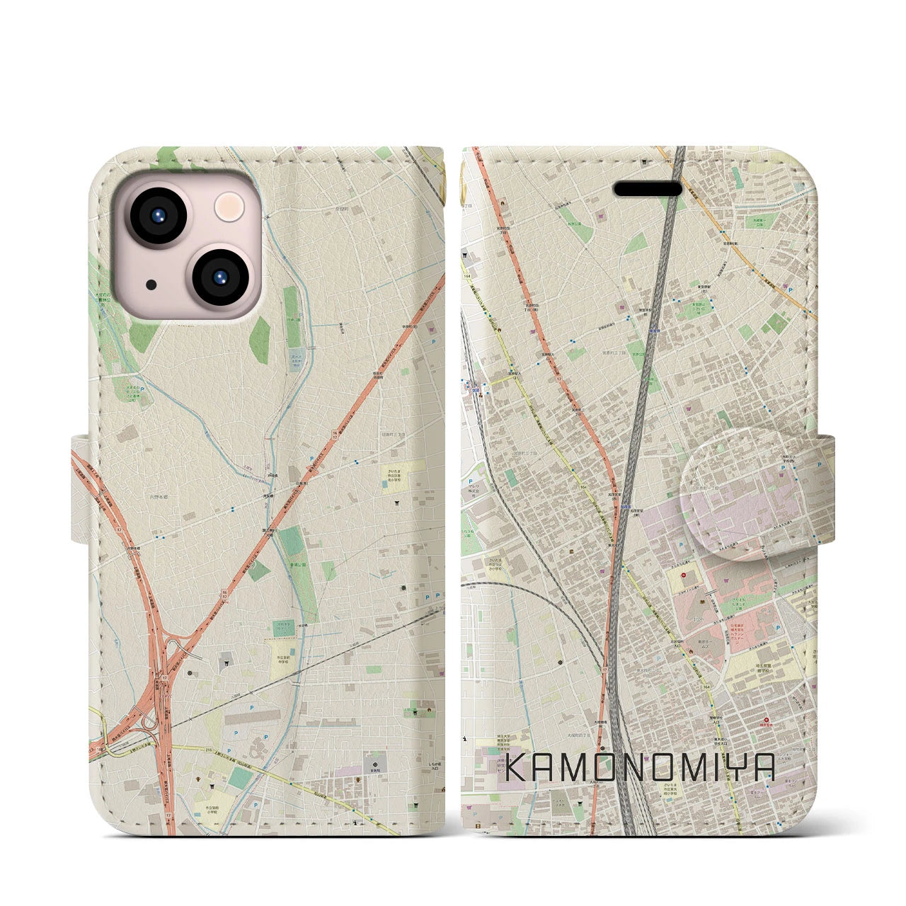 【加茂宮(埼玉県)】地図柄iPhoneケース(手帳タイプ)ナチュラル・iPhone 13 mini 用