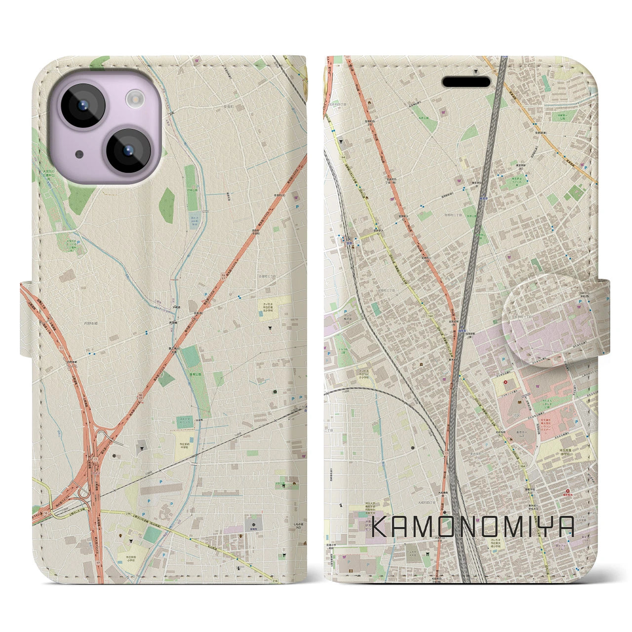 【加茂宮(埼玉県)】地図柄iPhoneケース(手帳タイプ)ナチュラル・iPhone 14 用