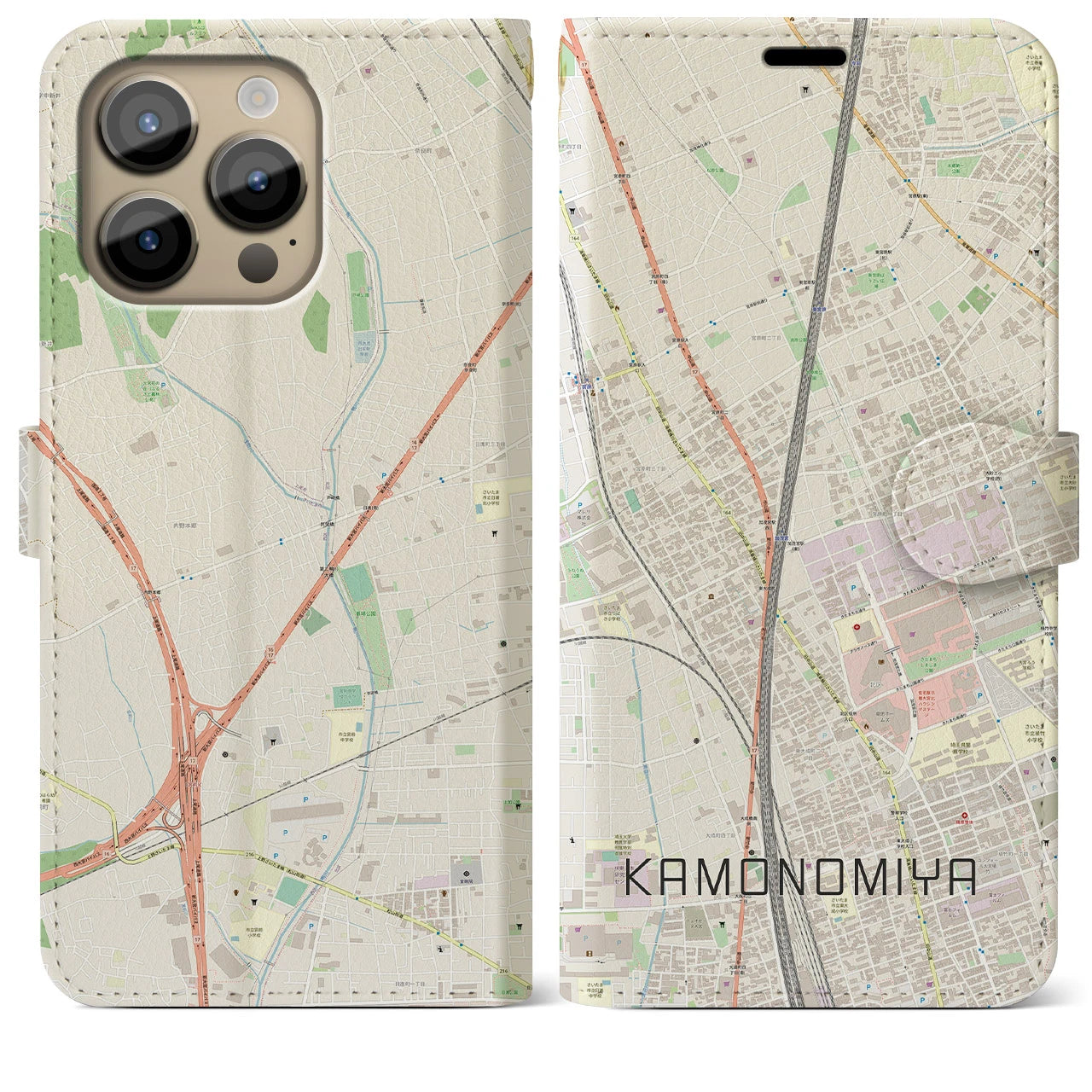 【加茂宮(埼玉県)】地図柄iPhoneケース(手帳タイプ)ナチュラル・iPhone 14 Pro Max 用