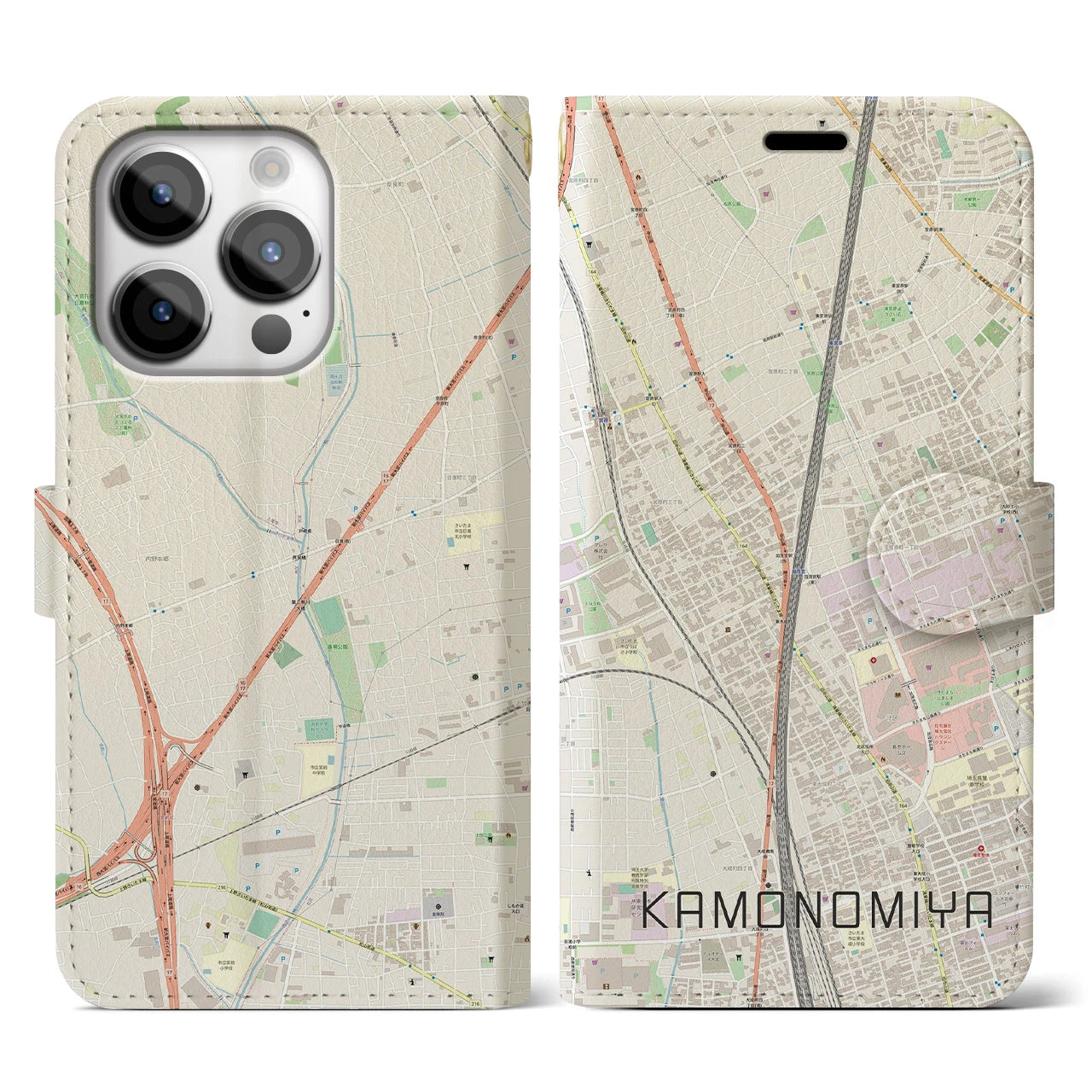 【加茂宮(埼玉県)】地図柄iPhoneケース(手帳タイプ)ナチュラル・iPhone 14 Pro 用