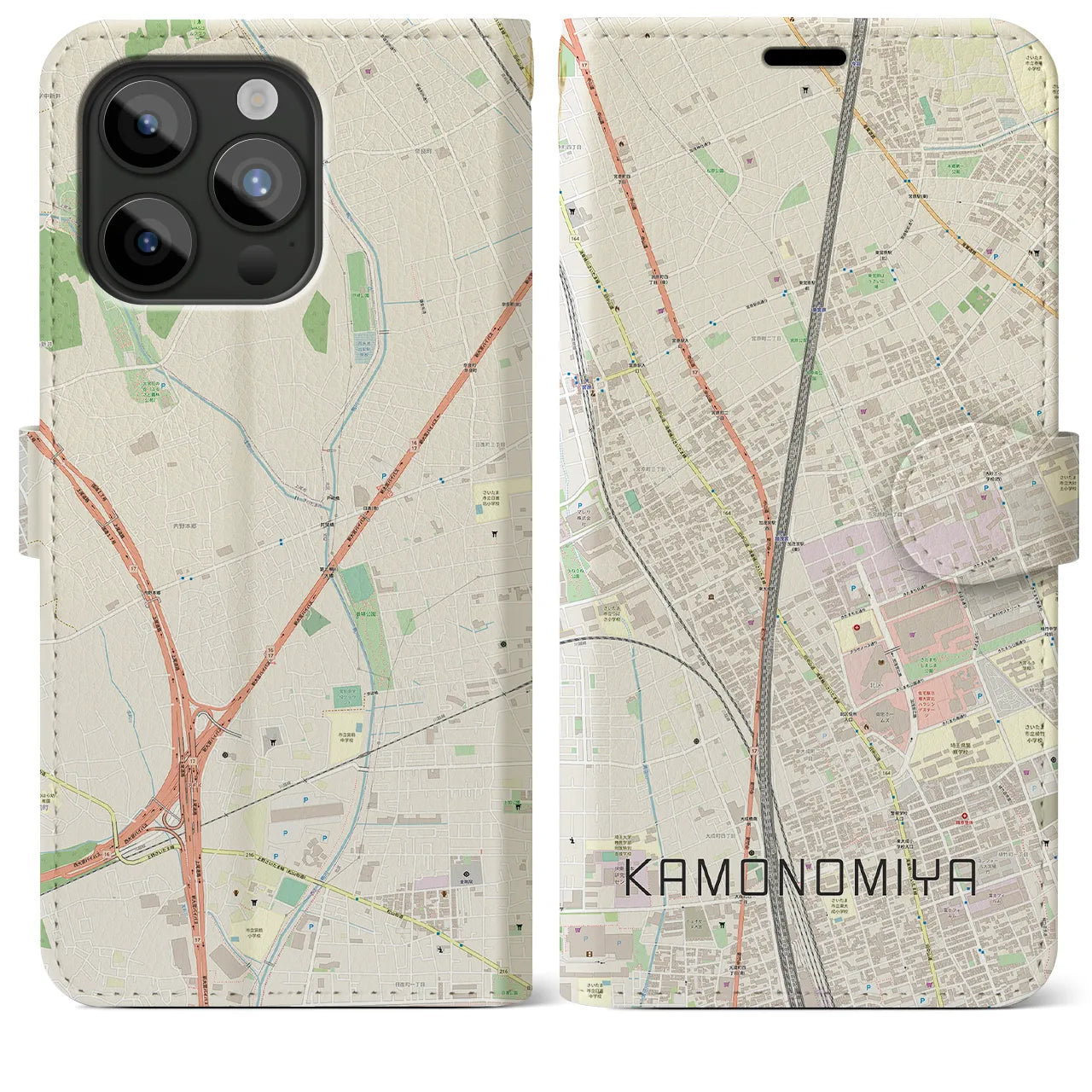 【加茂宮(埼玉県)】地図柄iPhoneケース(手帳タイプ)ナチュラル・iPhone 15 Pro Max 用