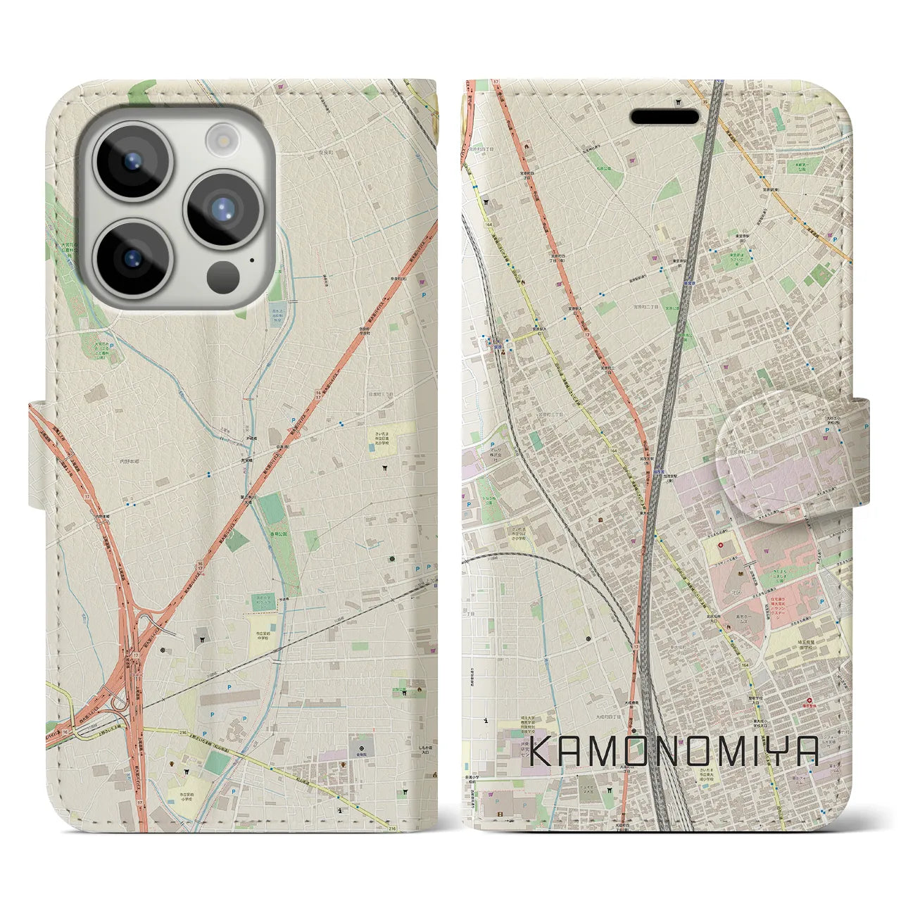【加茂宮(埼玉県)】地図柄iPhoneケース(手帳タイプ)ナチュラル・iPhone 15 Pro 用