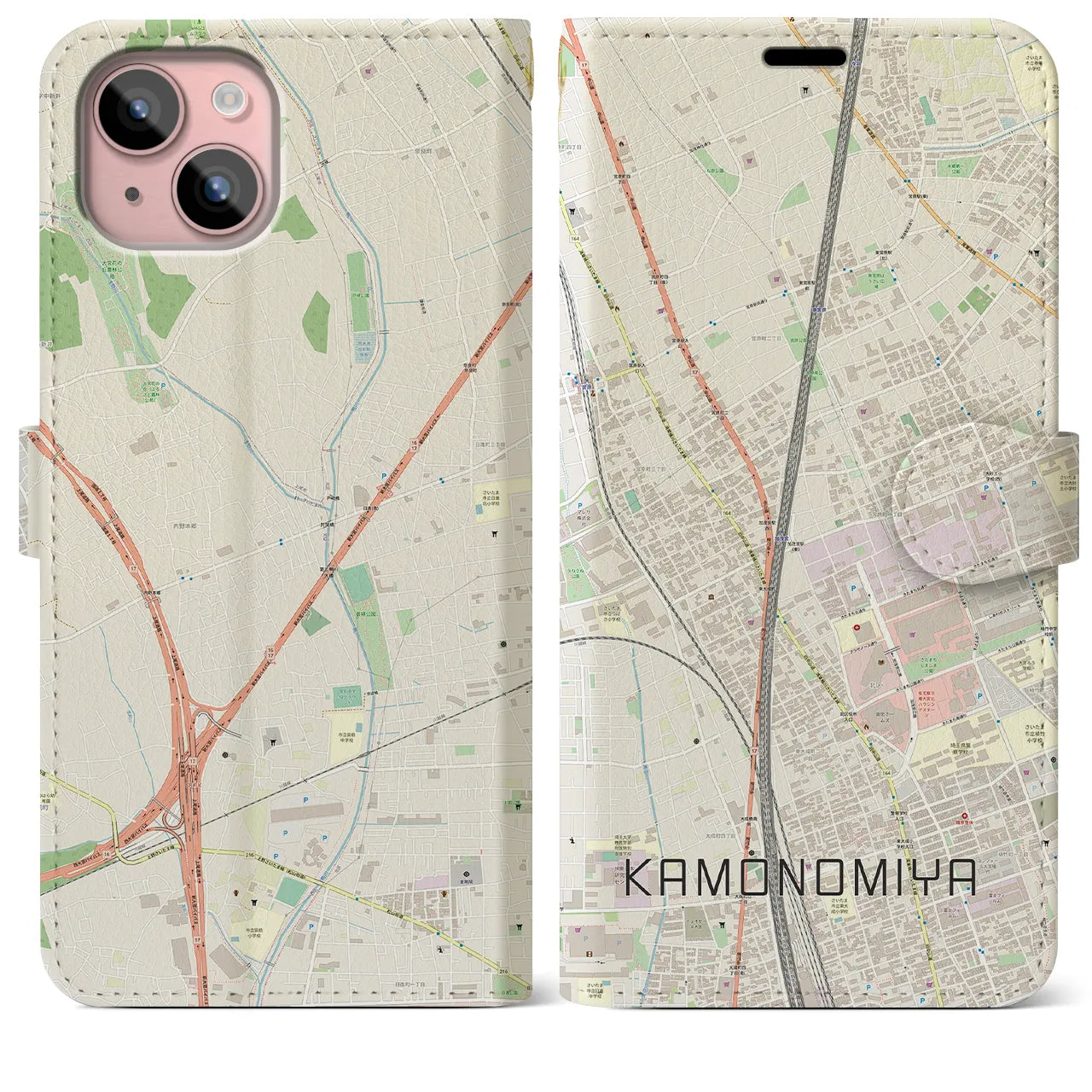 【加茂宮(埼玉県)】地図柄iPhoneケース(手帳タイプ)ナチュラル・iPhone 15 Plus 用