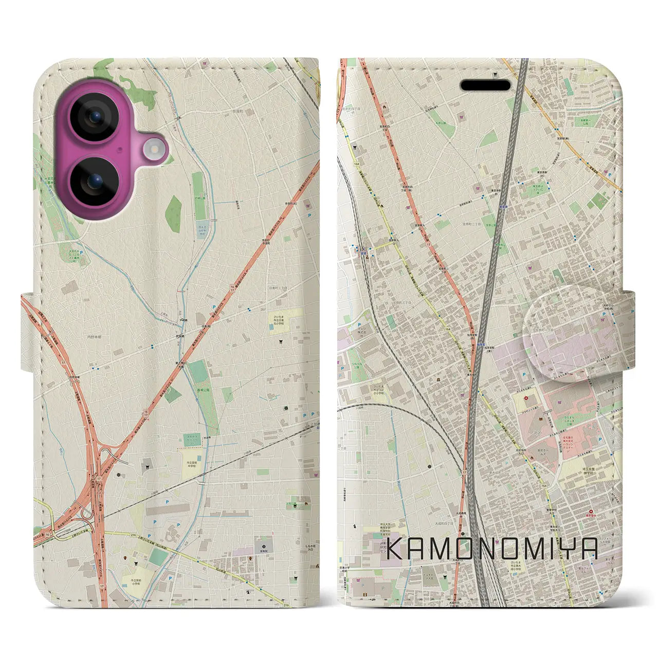 【加茂宮(埼玉県)】地図柄iPhoneケース(手帳タイプ)