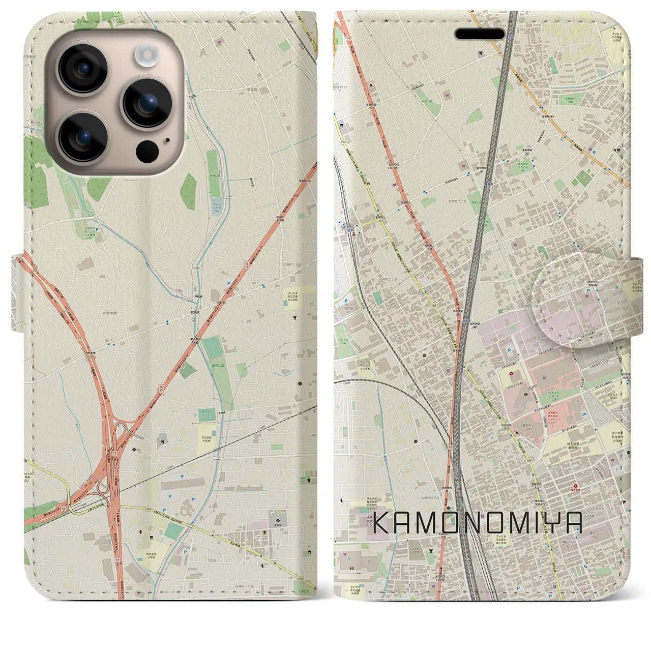 【加茂宮(埼玉県)】地図柄iPhoneケース(手帳タイプ)ナチュラル・iPhone 16 Plus 用