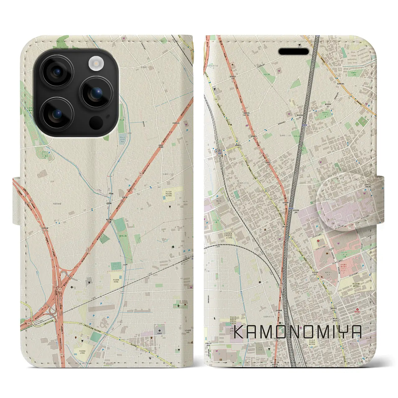 【加茂宮(埼玉県)】地図柄iPhoneケース(手帳タイプ)ナチュラル・iPhone 16 用
