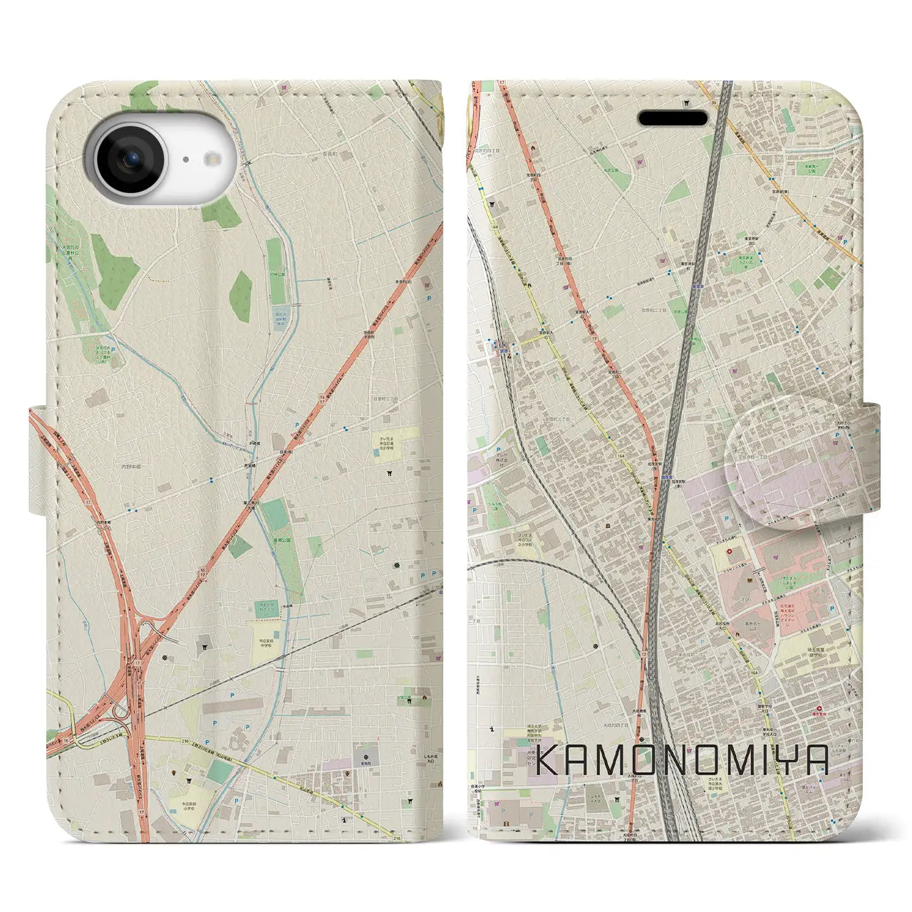 【加茂宮(埼玉県)】地図柄iPhoneケース(手帳タイプ)