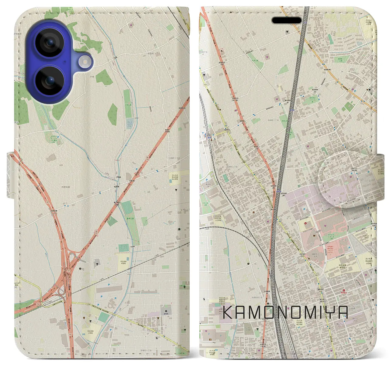 【加茂宮(埼玉県)】地図柄iPhoneケース(手帳タイプ)ナチュラル・iPhone 16 Pro Max 用