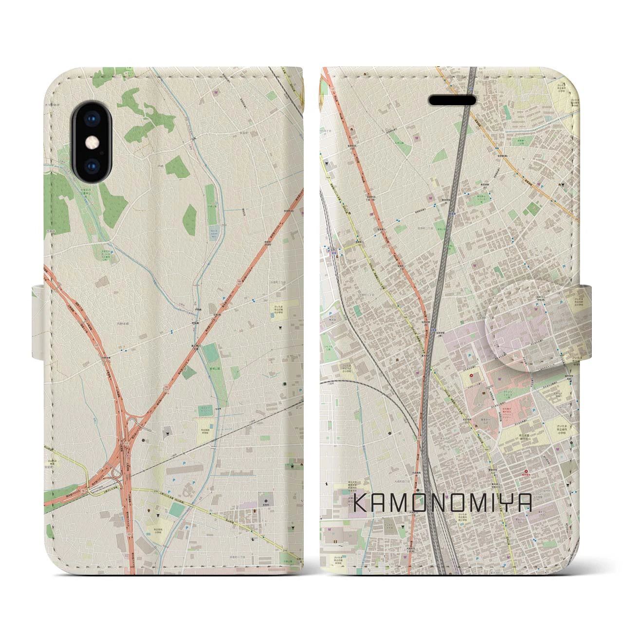 【加茂宮(埼玉県)】地図柄iPhoneケース(手帳タイプ)ナチュラル・iPhone XS / X 用