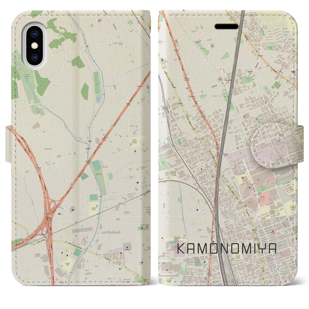 【加茂宮(埼玉県)】地図柄iPhoneケース(手帳タイプ)ナチュラル・iPhone XS Max 用