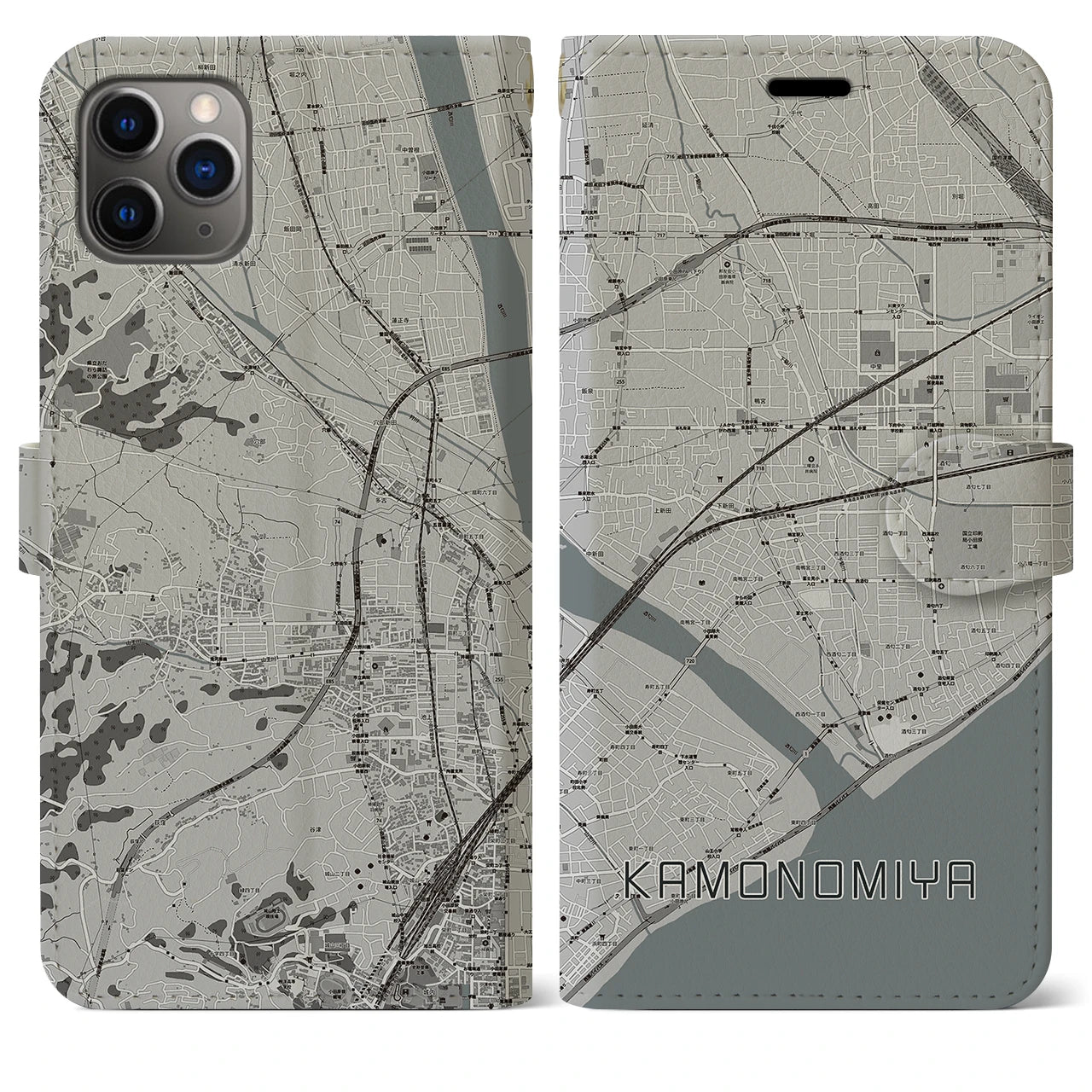 【鴨宮(神奈川県)】地図柄iPhoneケース(手帳タイプ)モノトーン・iPhone 11 Pro Max 用