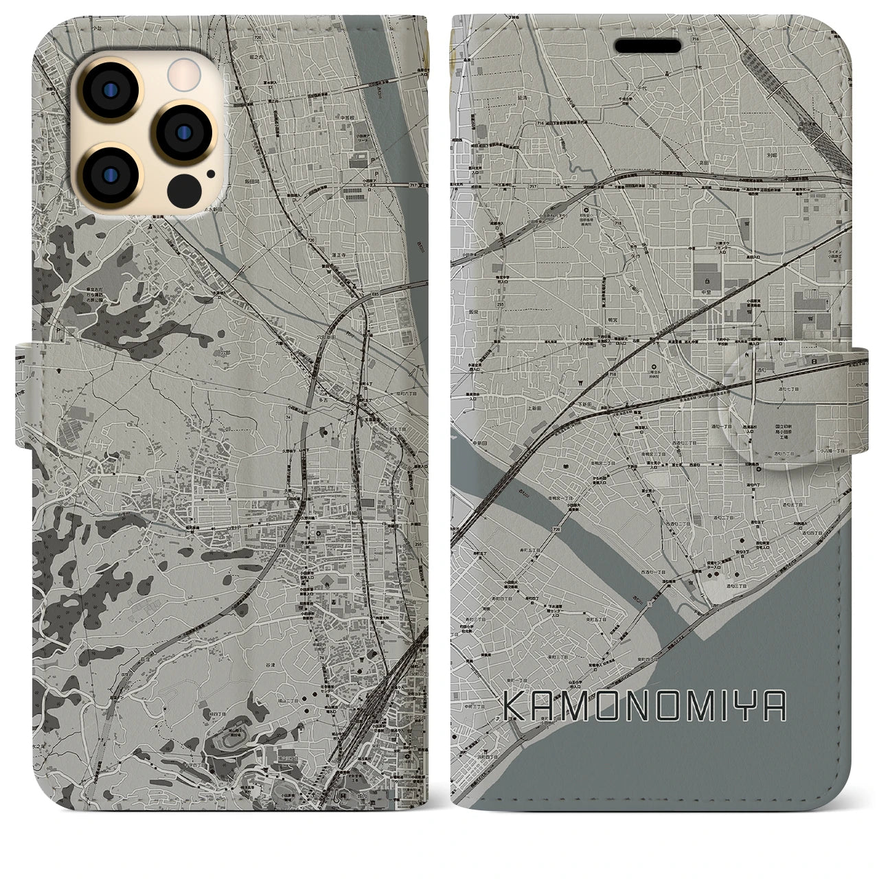 【鴨宮(神奈川県)】地図柄iPhoneケース(手帳タイプ)モノトーン・iPhone 12 Pro Max 用
