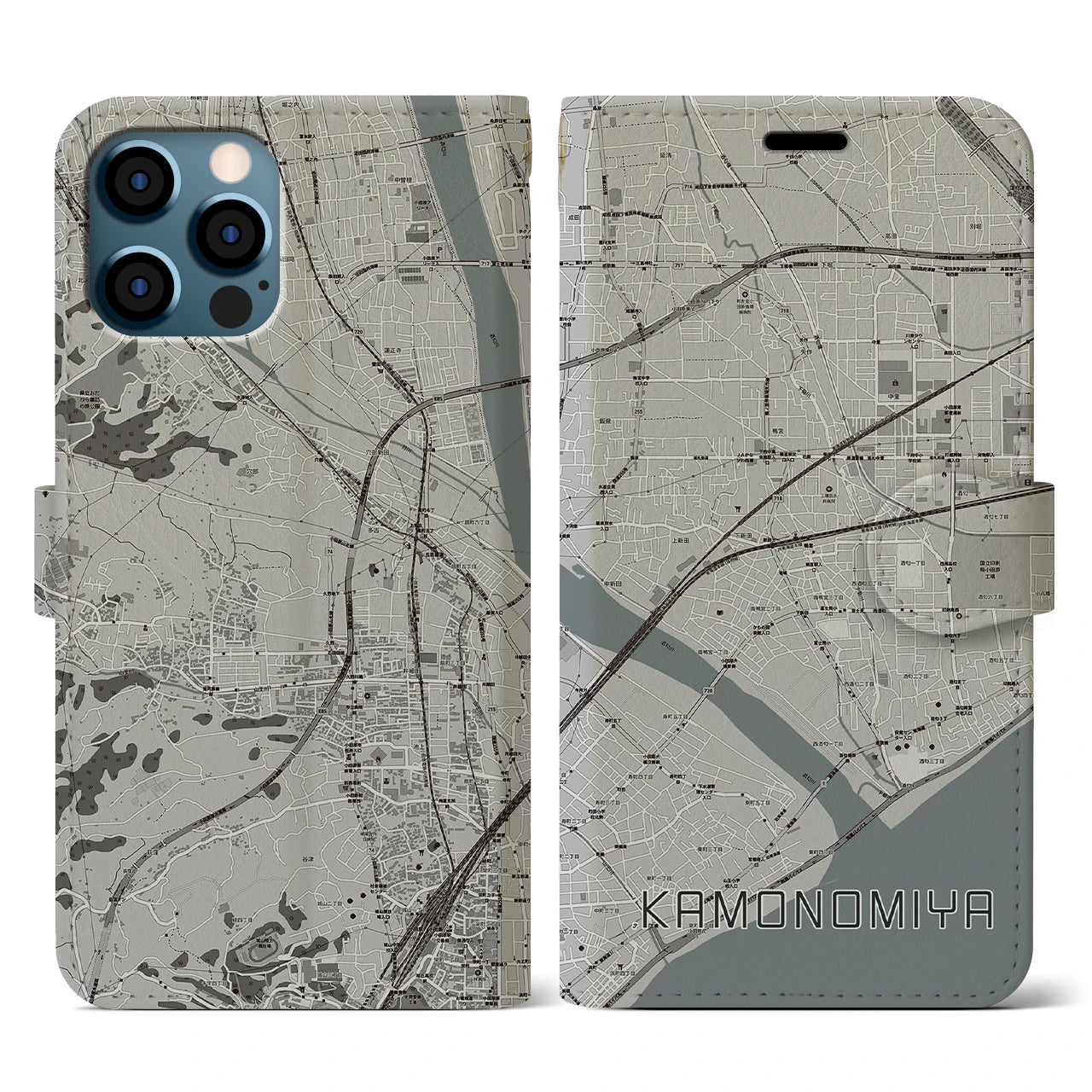 【鴨宮(神奈川県)】地図柄iPhoneケース(手帳タイプ)モノトーン・iPhone 12 / 12 Pro 用