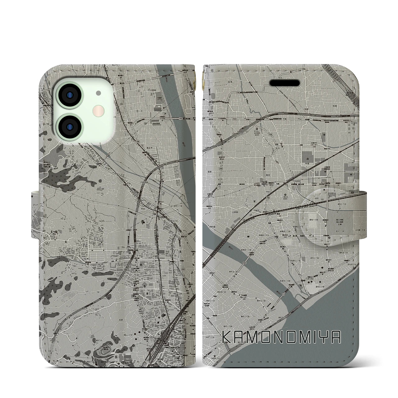 【鴨宮(神奈川県)】地図柄iPhoneケース(手帳タイプ)モノトーン・iPhone 12 mini 用