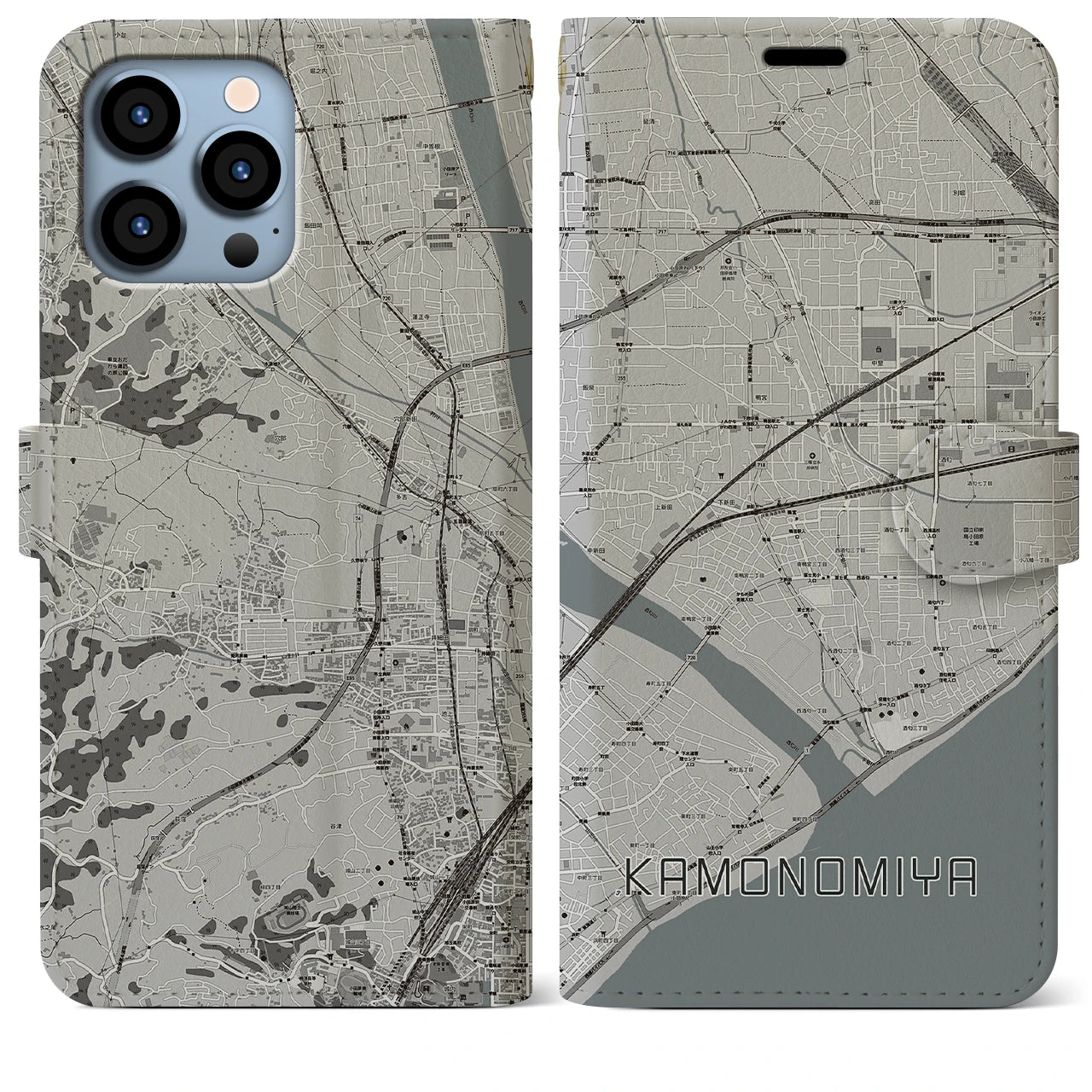 【鴨宮(神奈川県)】地図柄iPhoneケース(手帳タイプ)モノトーン・iPhone 13 Pro Max 用