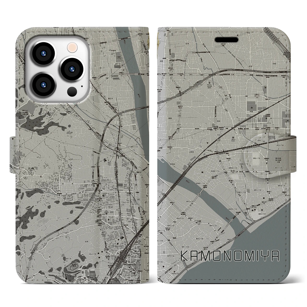 【鴨宮(神奈川県)】地図柄iPhoneケース(手帳タイプ)モノトーン・iPhone 13 Pro 用