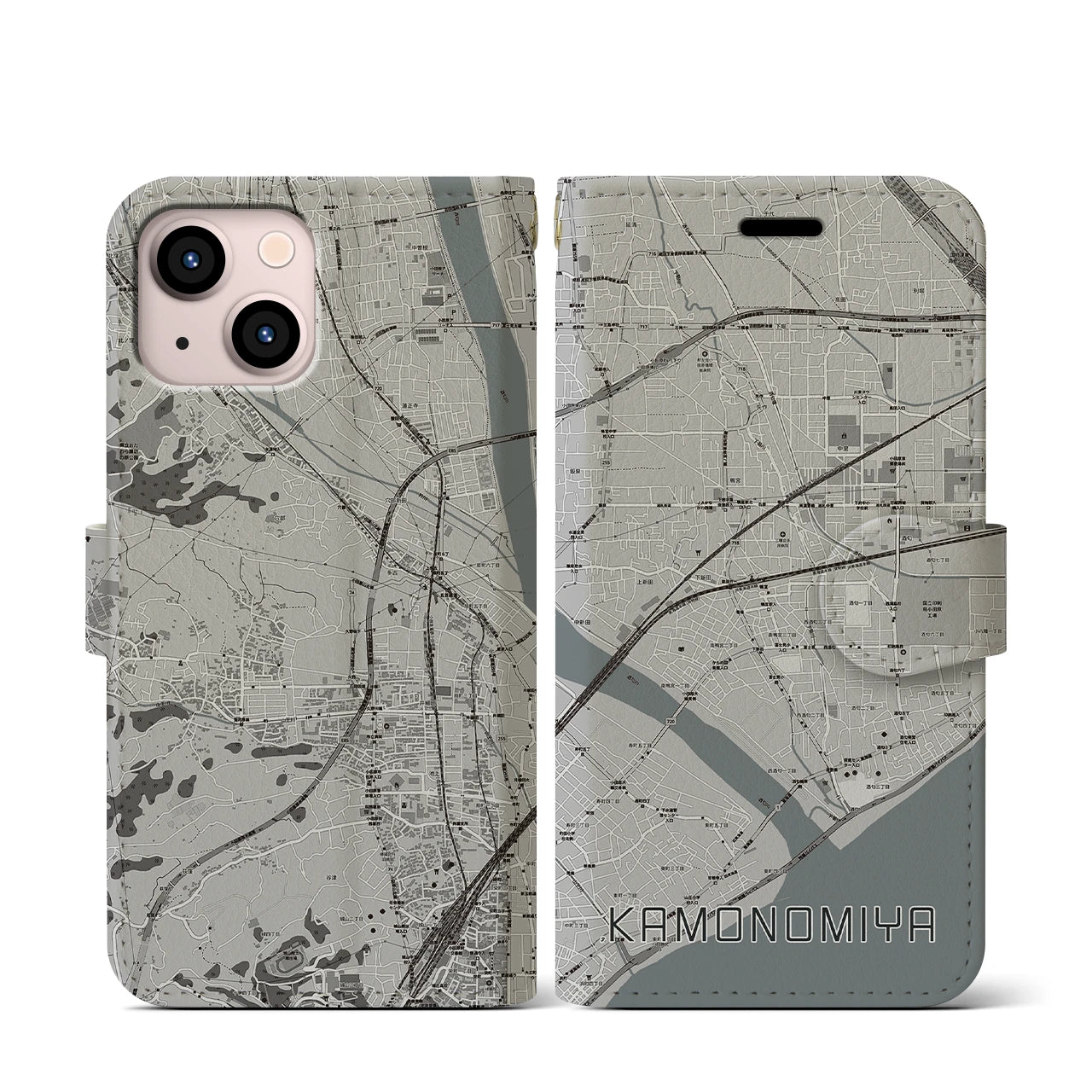 【鴨宮(神奈川県)】地図柄iPhoneケース(手帳タイプ)モノトーン・iPhone 13 mini 用