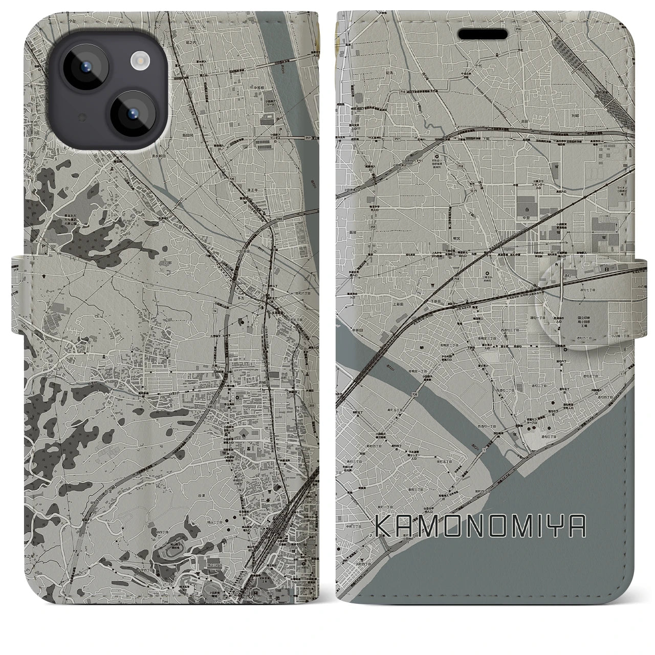 【鴨宮(神奈川県)】地図柄iPhoneケース(手帳タイプ)モノトーン・iPhone 14 Plus 用
