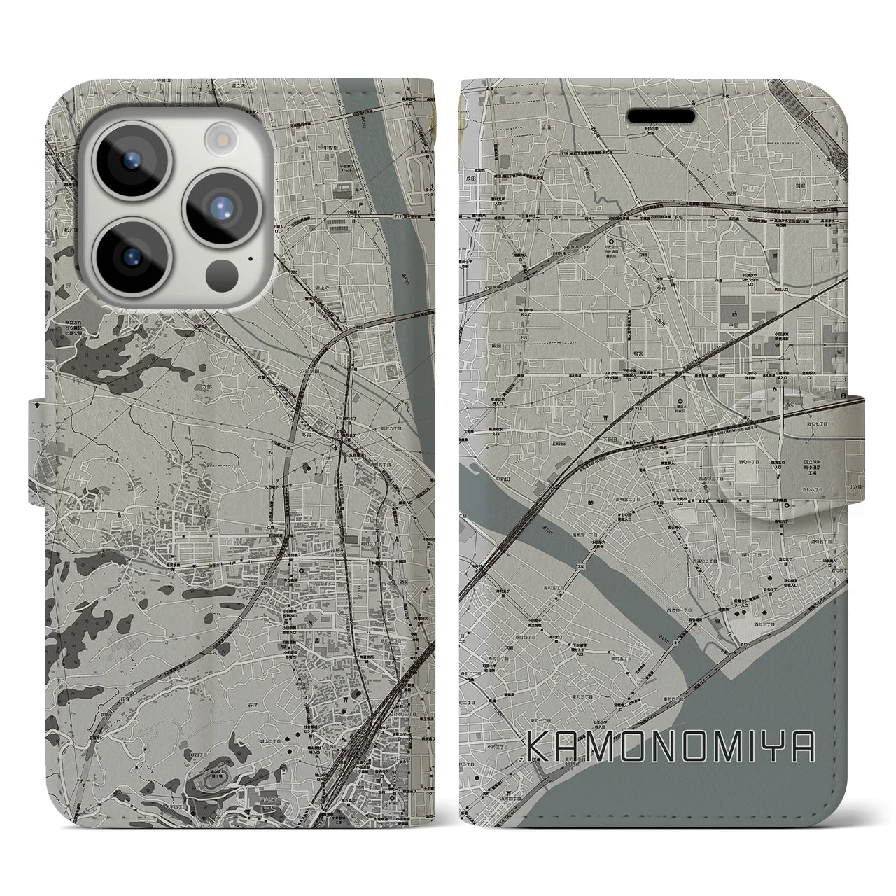 【鴨宮(神奈川県)】地図柄iPhoneケース(手帳タイプ)モノトーン・iPhone 15 Pro 用