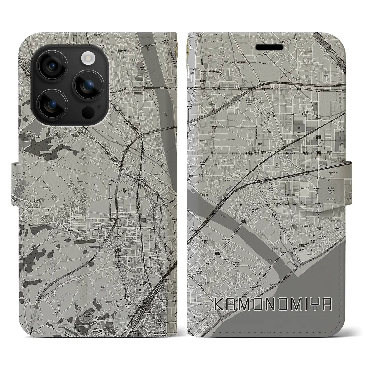 【鴨宮(神奈川県)】地図柄iPhoneケース(手帳タイプ)モノトーン・iPhone 16 用