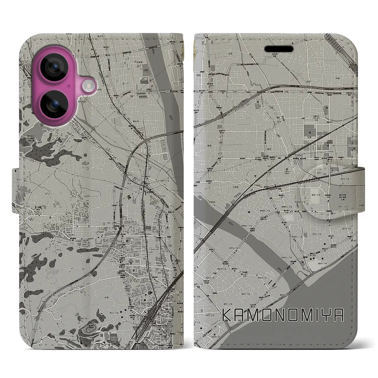 【鴨宮(神奈川県)】地図柄iPhoneケース(手帳タイプ)モノトーン・iPhone 16 Pro 用