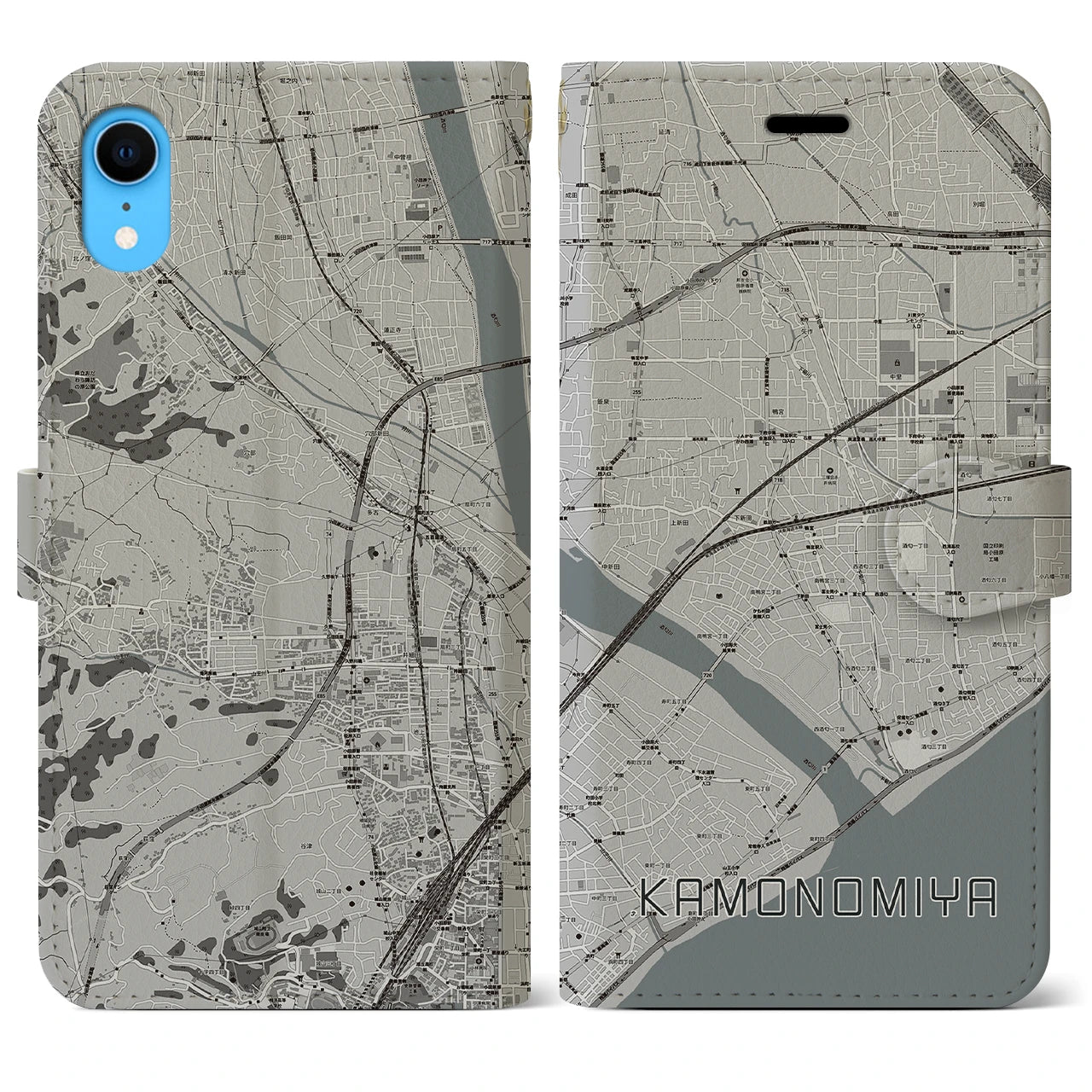 【鴨宮(神奈川県)】地図柄iPhoneケース(手帳タイプ)モノトーン・iPhone XR 用