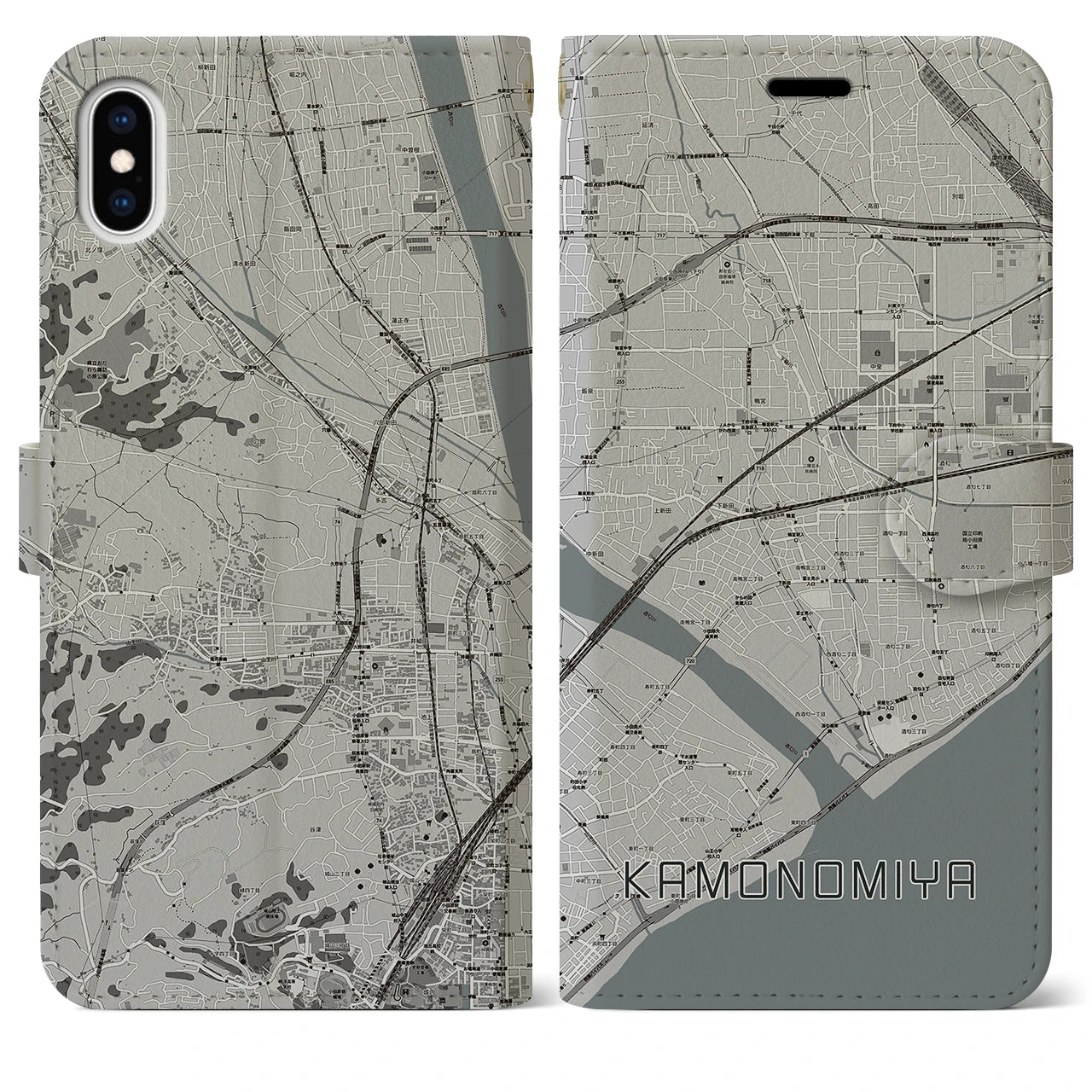 【鴨宮(神奈川県)】地図柄iPhoneケース(手帳タイプ)モノトーン・iPhone XS Max 用