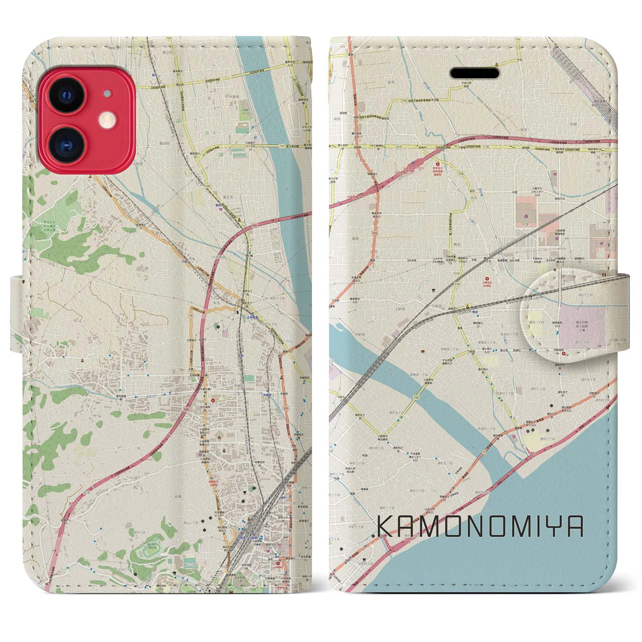 【鴨宮(神奈川県)】地図柄iPhoneケース(手帳タイプ)ナチュラル・iPhone 11 用