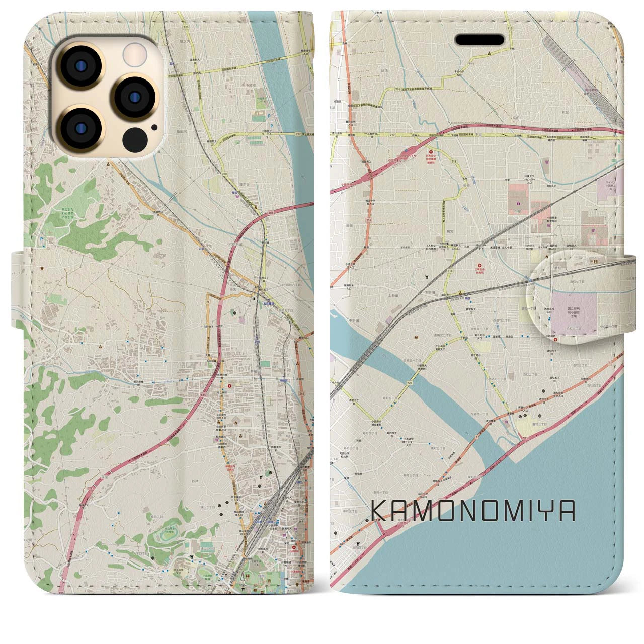 【鴨宮(神奈川県)】地図柄iPhoneケース(手帳タイプ)ナチュラル・iPhone 12 Pro Max 用