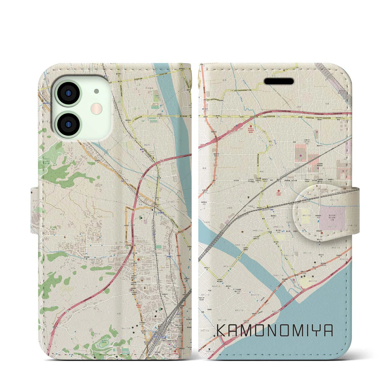 【鴨宮(神奈川県)】地図柄iPhoneケース(手帳タイプ)ナチュラル・iPhone 12 mini 用