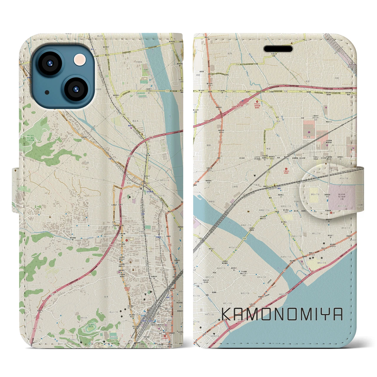 【鴨宮(神奈川県)】地図柄iPhoneケース(手帳タイプ)ナチュラル・iPhone 13 用