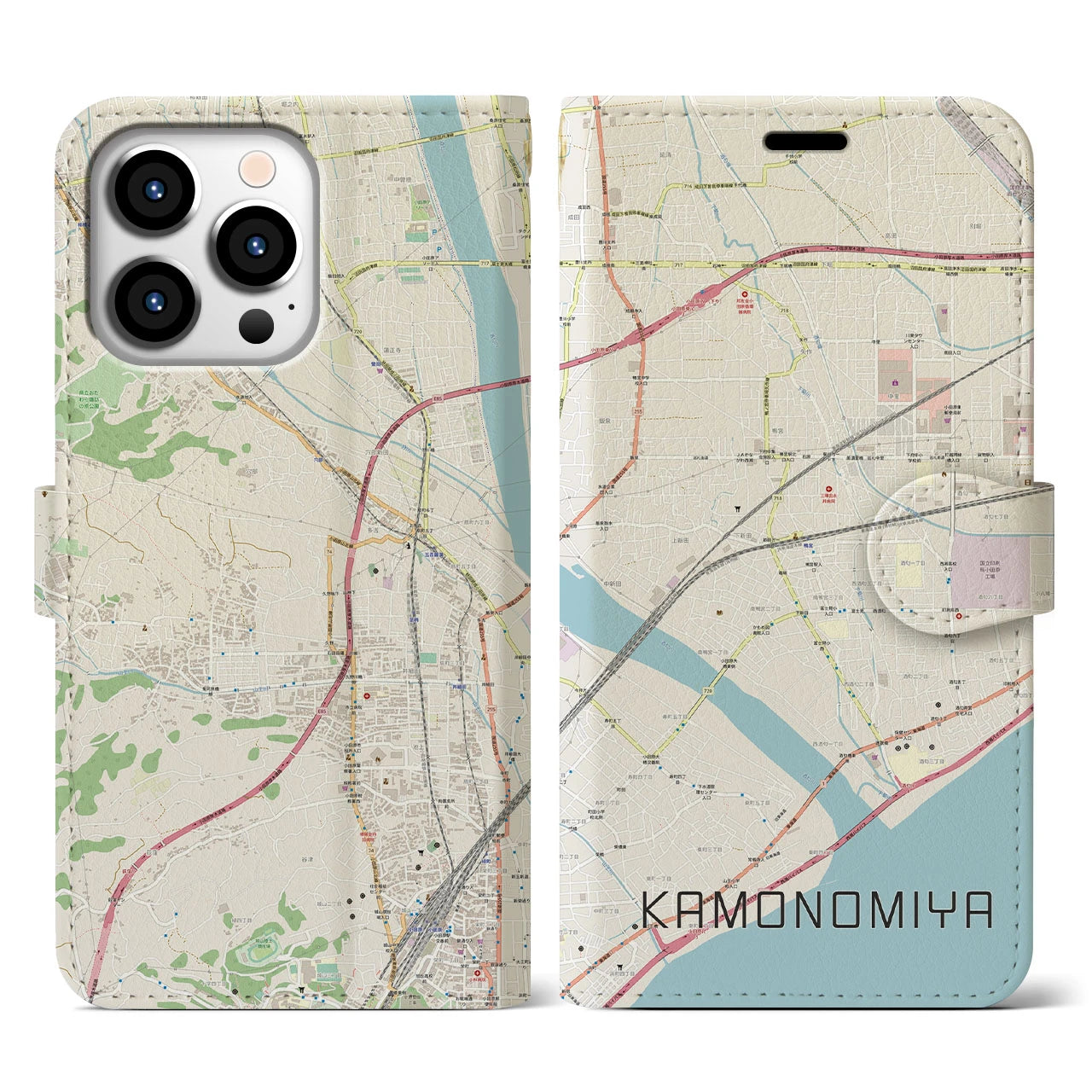 【鴨宮(神奈川県)】地図柄iPhoneケース(手帳タイプ)ナチュラル・iPhone 13 Pro 用