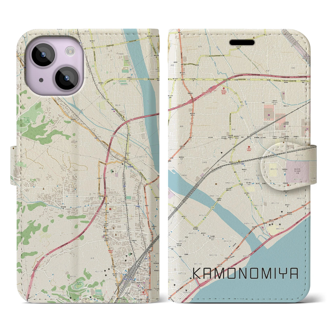 【鴨宮(神奈川県)】地図柄iPhoneケース(手帳タイプ)ナチュラル・iPhone 14 用