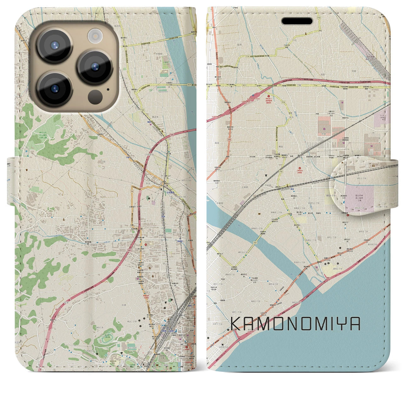 【鴨宮(神奈川県)】地図柄iPhoneケース(手帳タイプ)ナチュラル・iPhone 14 Pro Max 用