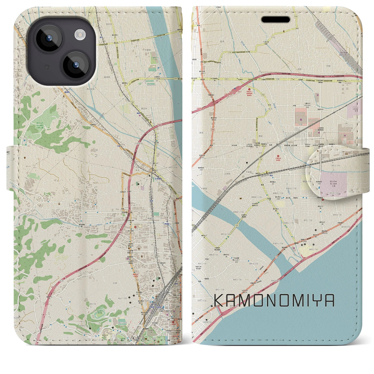 【鴨宮(神奈川県)】地図柄iPhoneケース(手帳タイプ)ナチュラル・iPhone 14 Plus 用