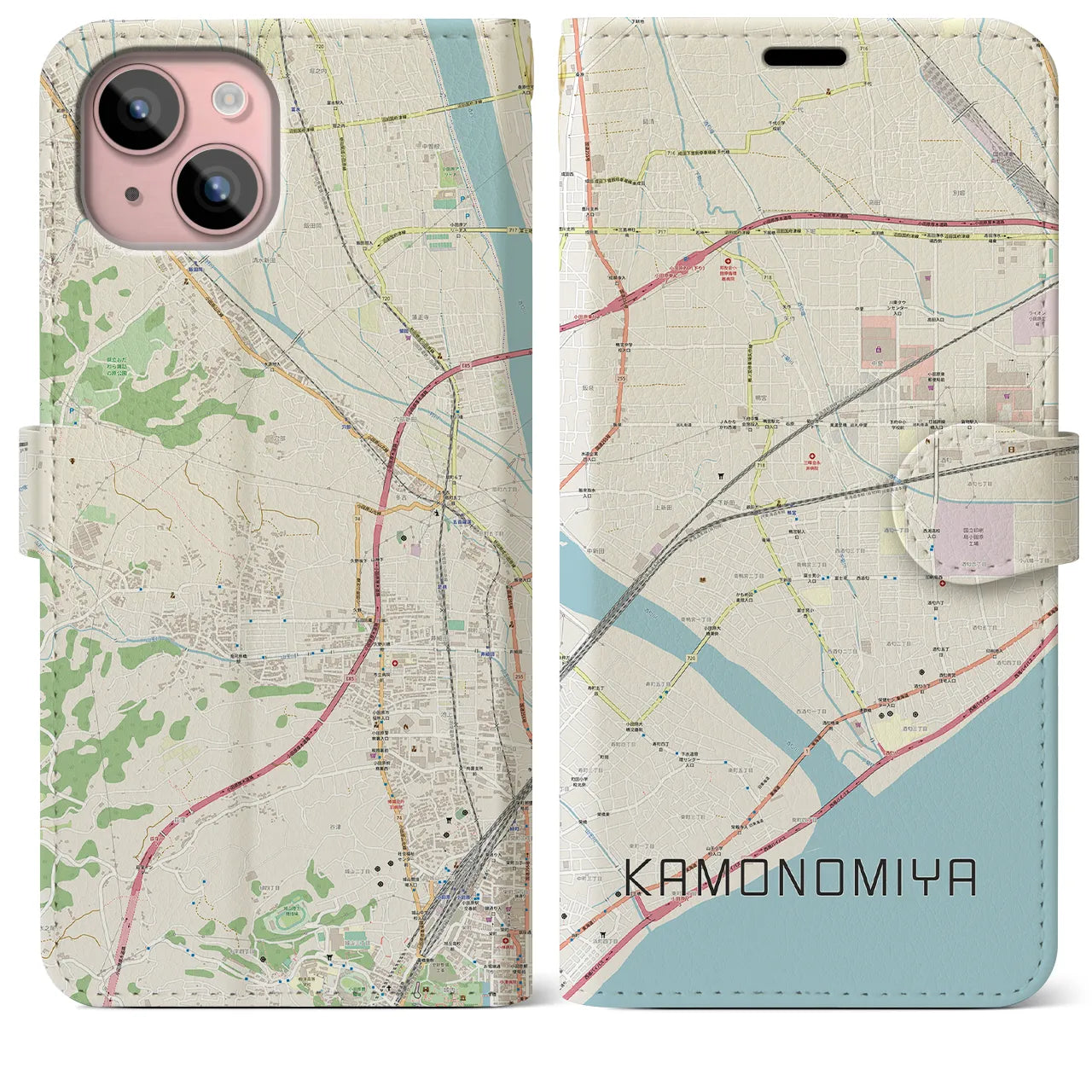 【鴨宮(神奈川県)】地図柄iPhoneケース(手帳タイプ)ナチュラル・iPhone 15 Plus 用